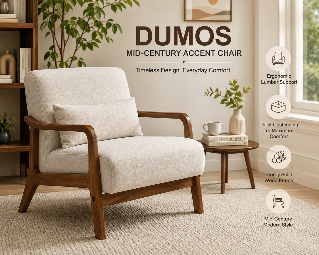 DUMOS Mid-Century Modern Upholstered Accent Chair with Lumbar Cushion