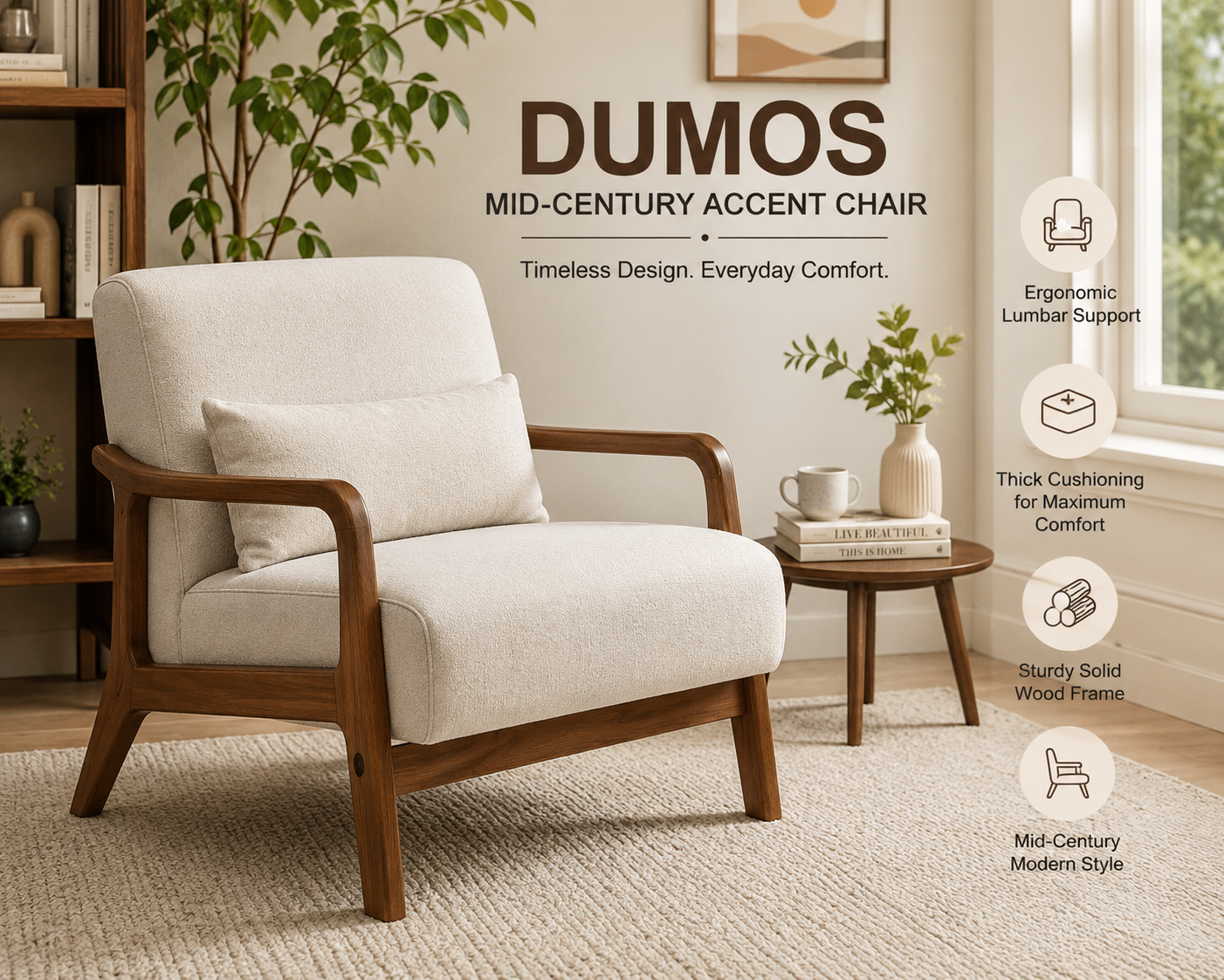 DUMOS Mid-Century Modern Upholstered Accent Chair with Lumbar Cushion
